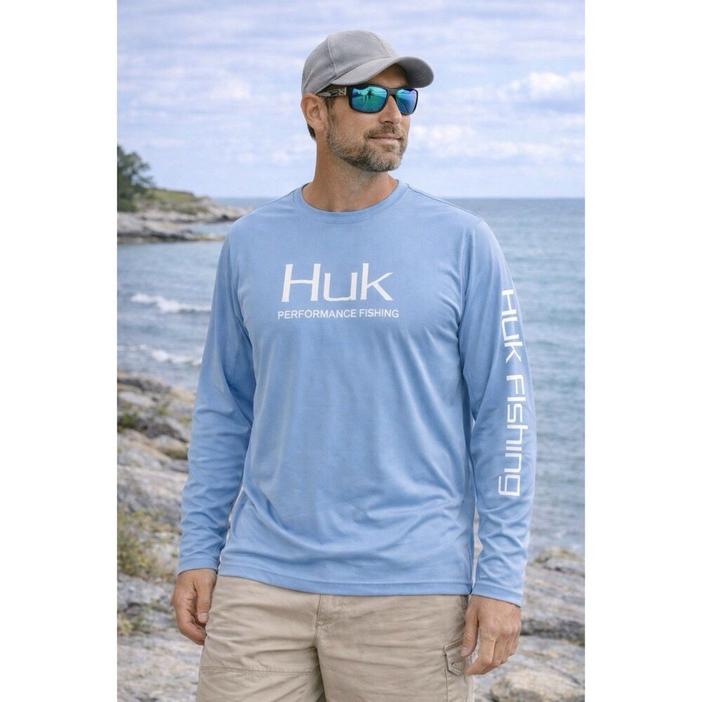 Huk Performance Fishing Shirt XL Blue Long Sleeve UV Protection Athletic Outdoor
